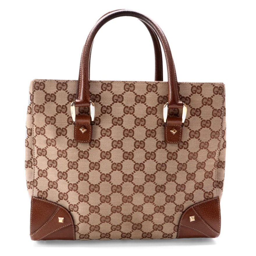 Gucci GG Canvas Handbag with Brown Leather Trim