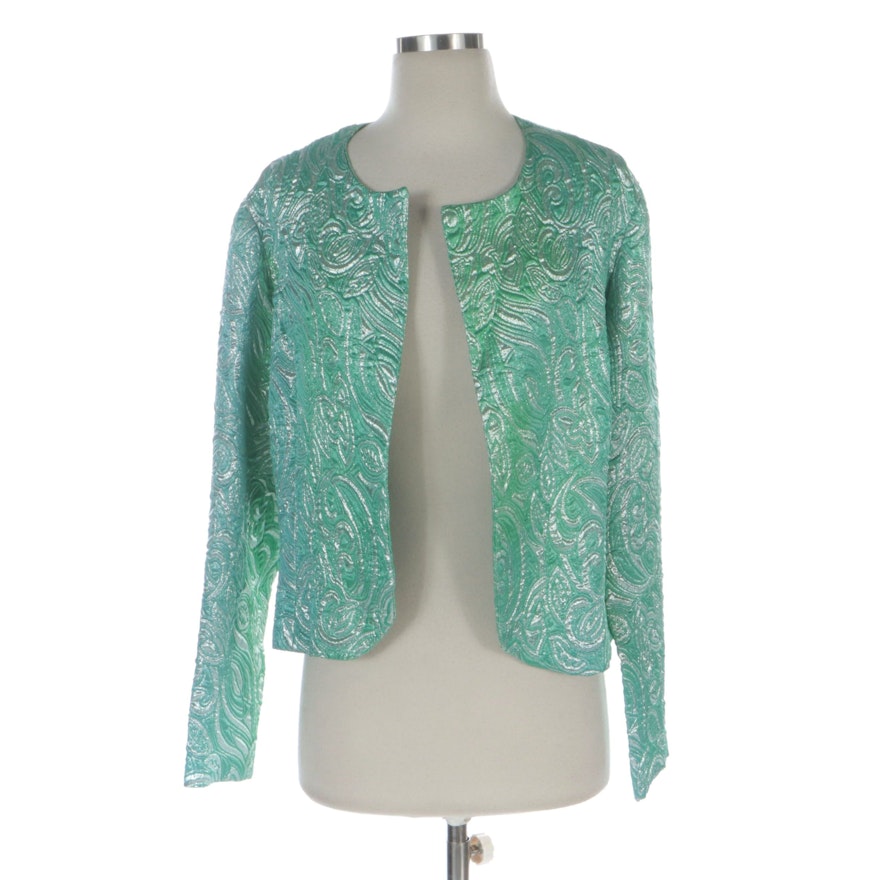 Handmade Textured Green and Silver Metallic Jacquard Open-Front Jacket
