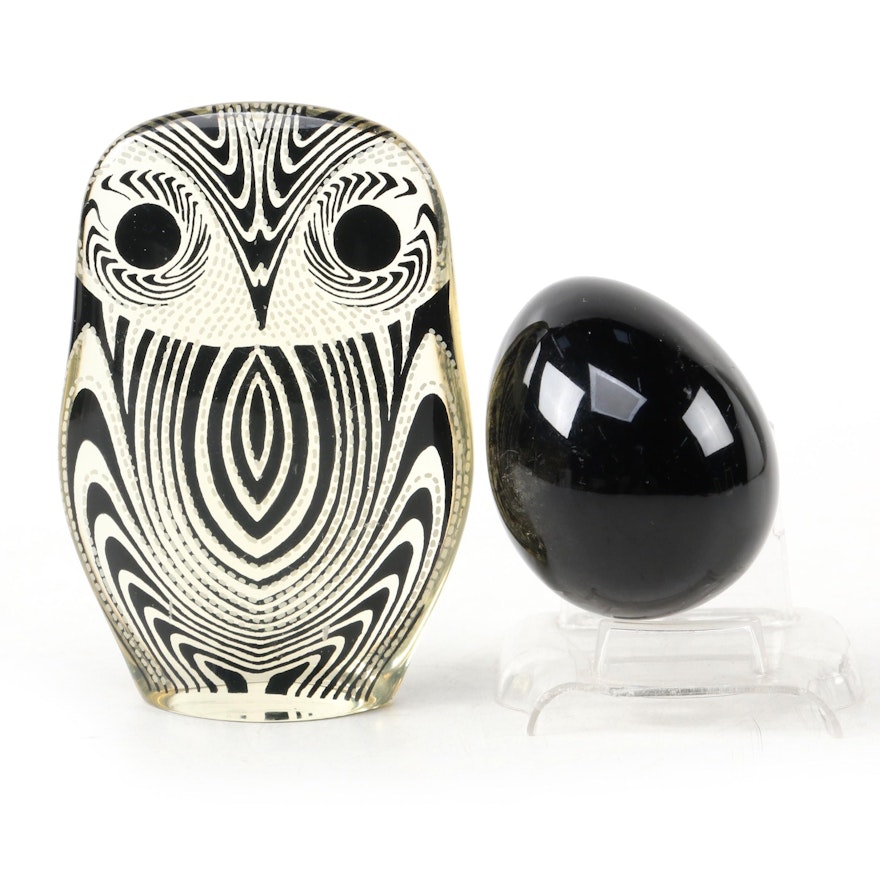 Mid Century Modern Composite Owl Figurine with Obsidian Egg