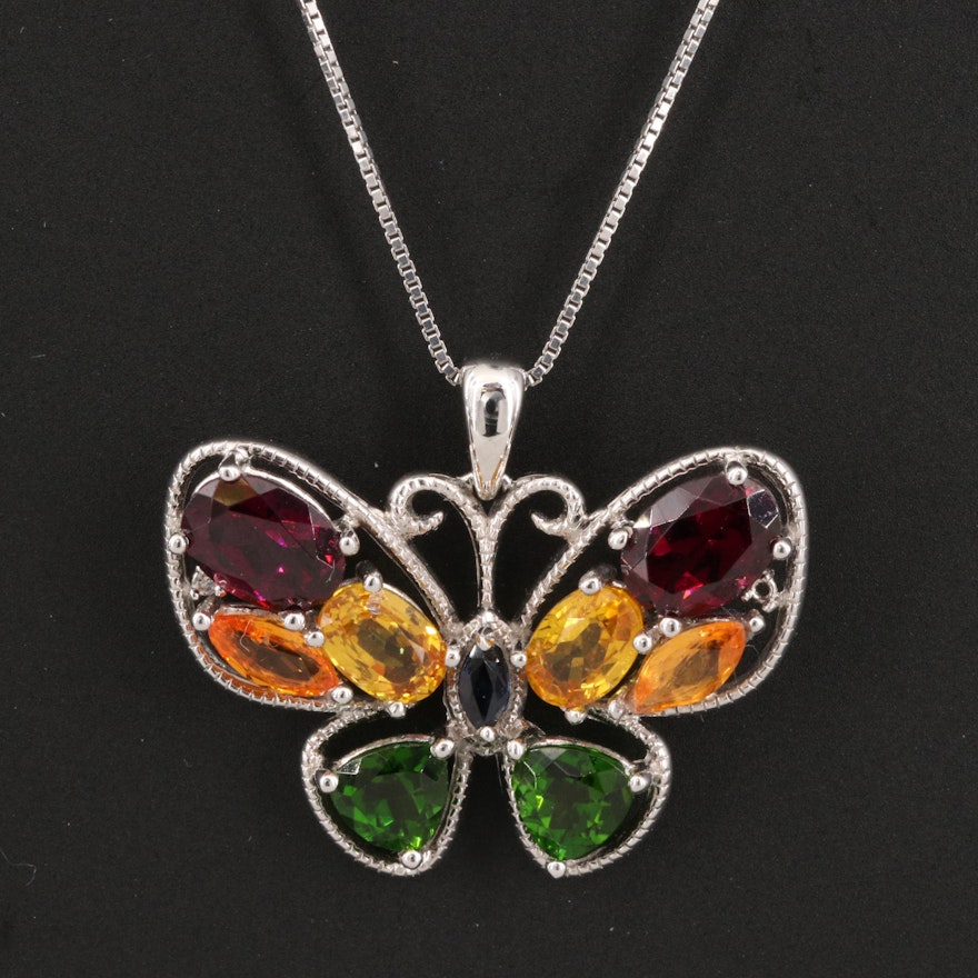 Sterling Rhodolite Garnet, Sapphire and Diopside Butterfly Pendant Necklace