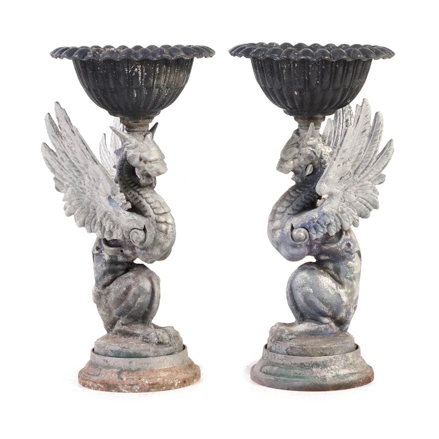 Pair of Victorian Style Cast Metal Griffin Planters, Early 20th Century