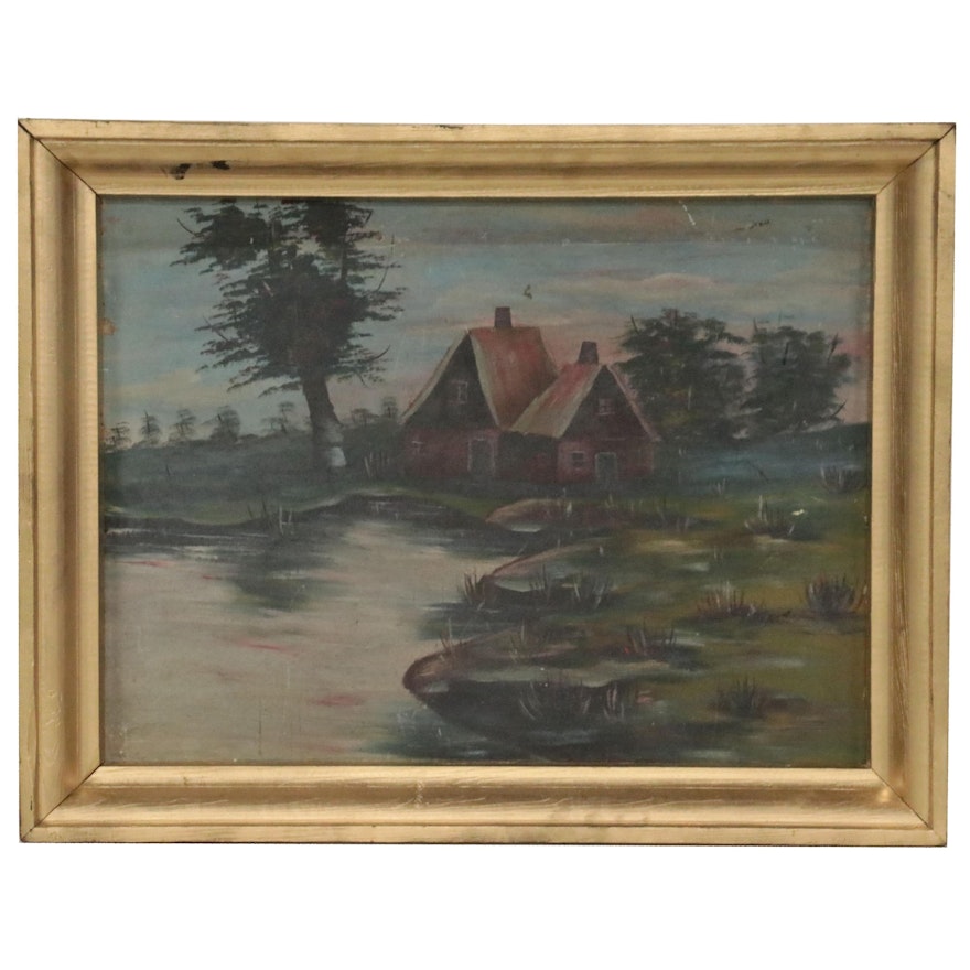 Landscape Oil Painting of Cottage Near a Lake, Mid-20th Century