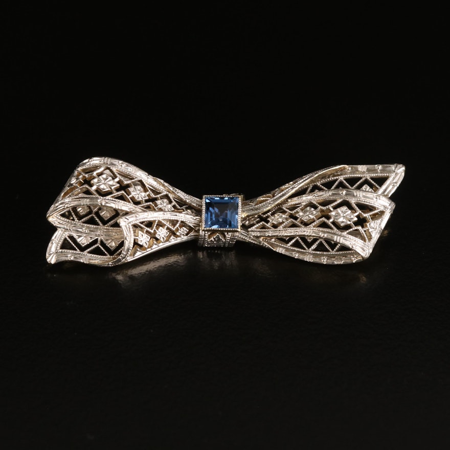 Edwardian Krementz 14K Sapphire Bow Brooch with Platinum Top