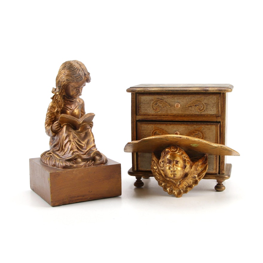 Florentine Style Wooden Music Jewelry Box with Decorative Sculpture and Bracket