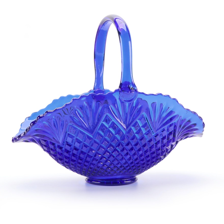 Cobalt Blue Pressed Glass Basket, Mid to Late 20th Century