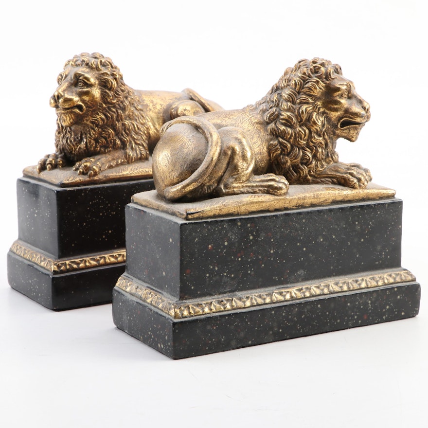 Borghese Gilt Composite Recumbent Lion Bookends, Mid to Late 20th Century