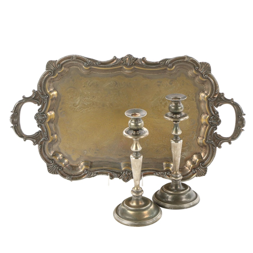 Birmingham Silver Co. Serving Tray, and Candlesticks, Mid to Late 20th Century