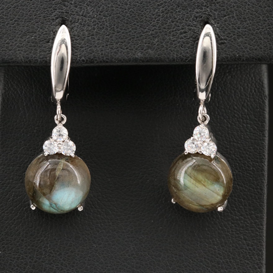 Sterling Round Labradorite Cabochon Earrings with Cubic Zirconia Accents