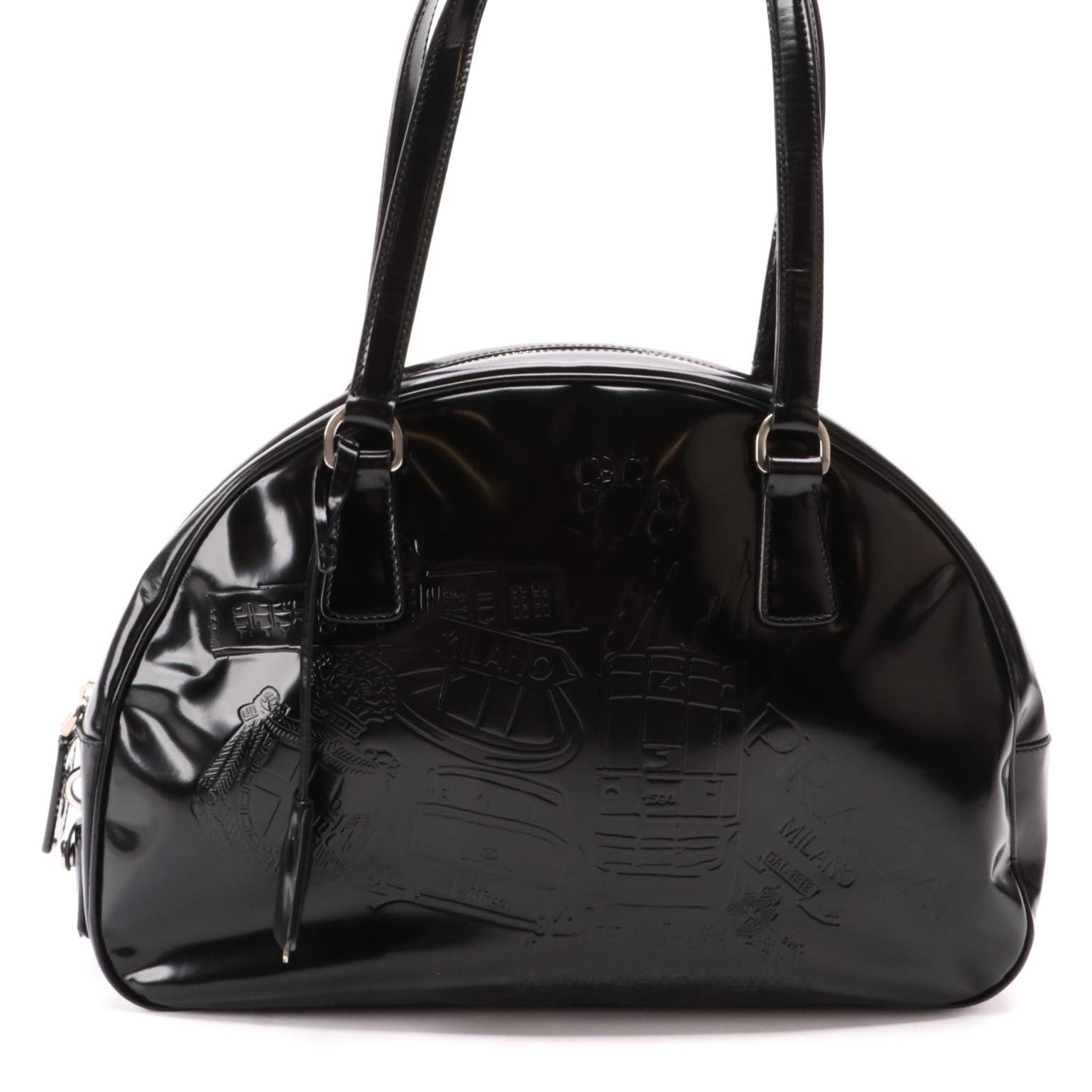 Prada Embossed Black Glazed Leather Bowler Bag