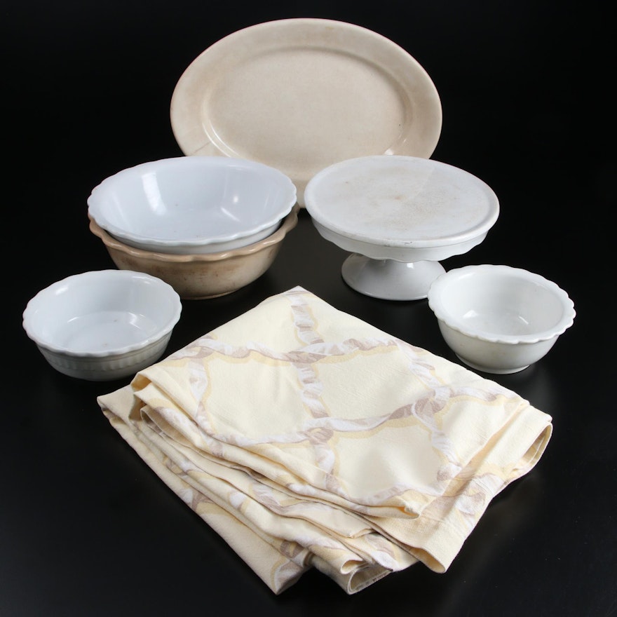English and American Ironstone Tableware with Tablecloth