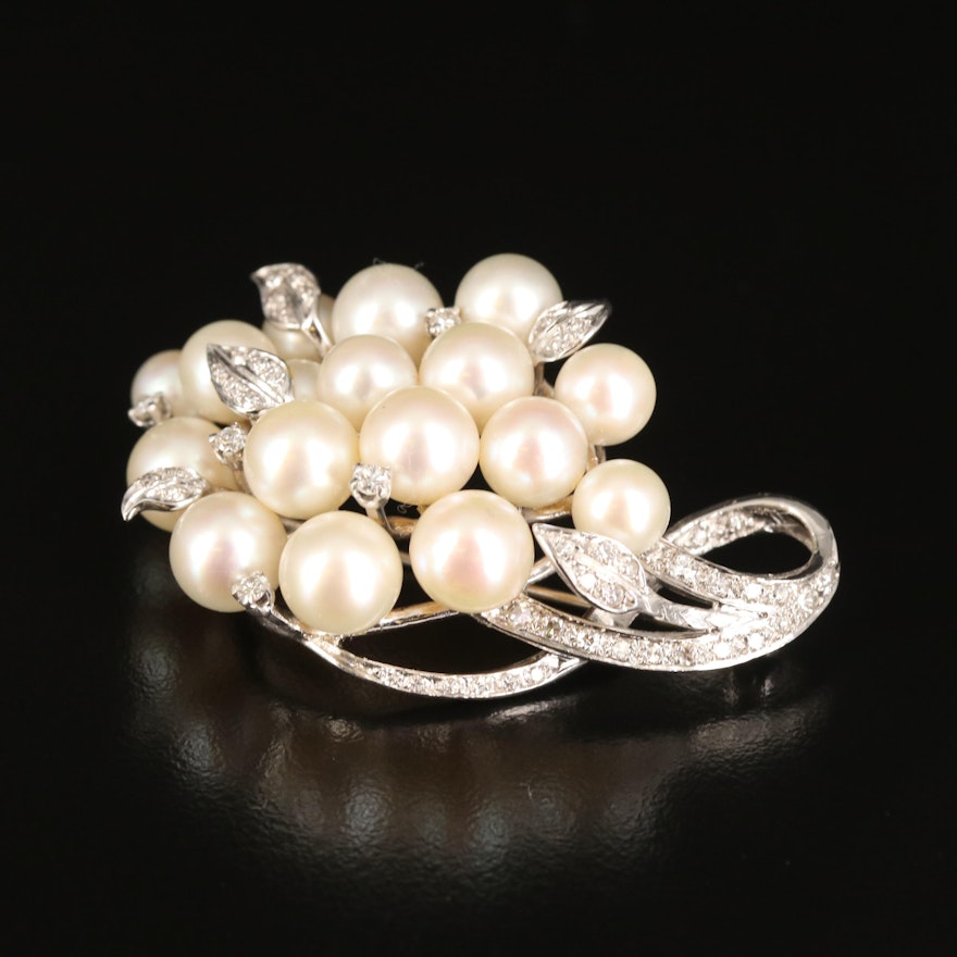 1950s 14K Pearl and Diamond Cluster Brooch