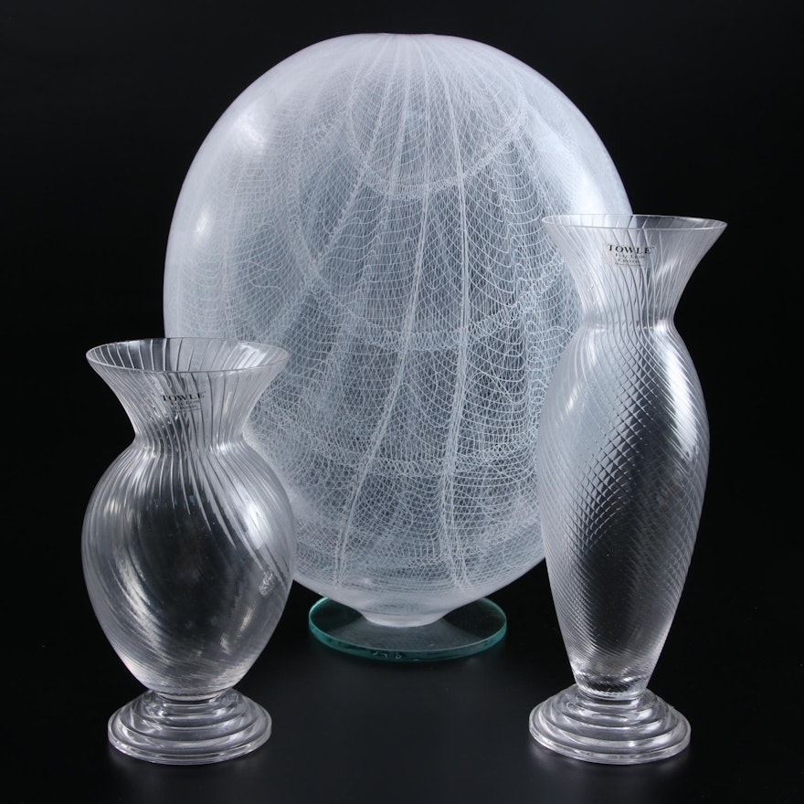 Art Glass Sculpture with Towle Austrian Lead Crystal Vases