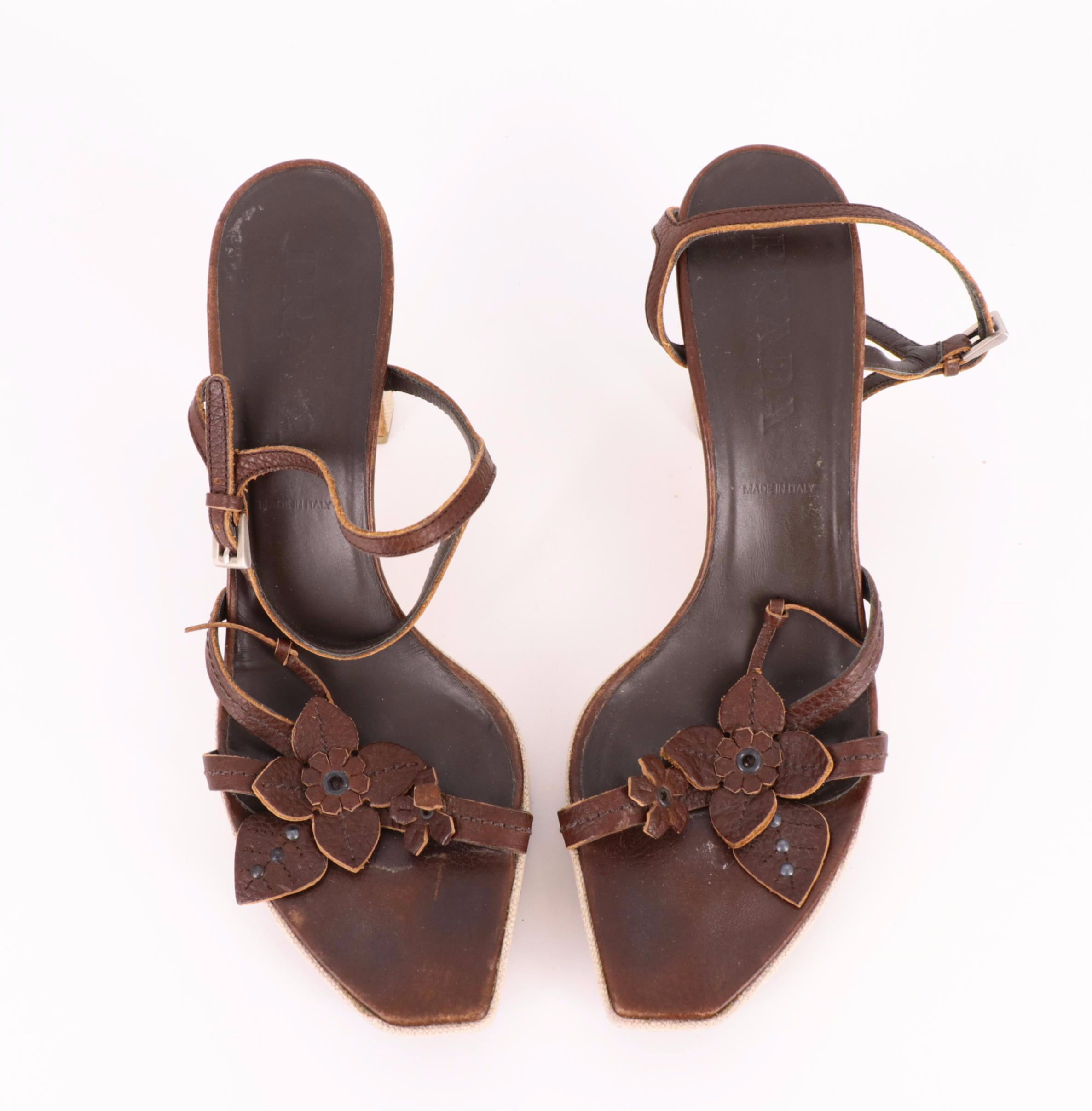 Prada Brown Leather Floral Embellished Platform Block Heeled Sandals