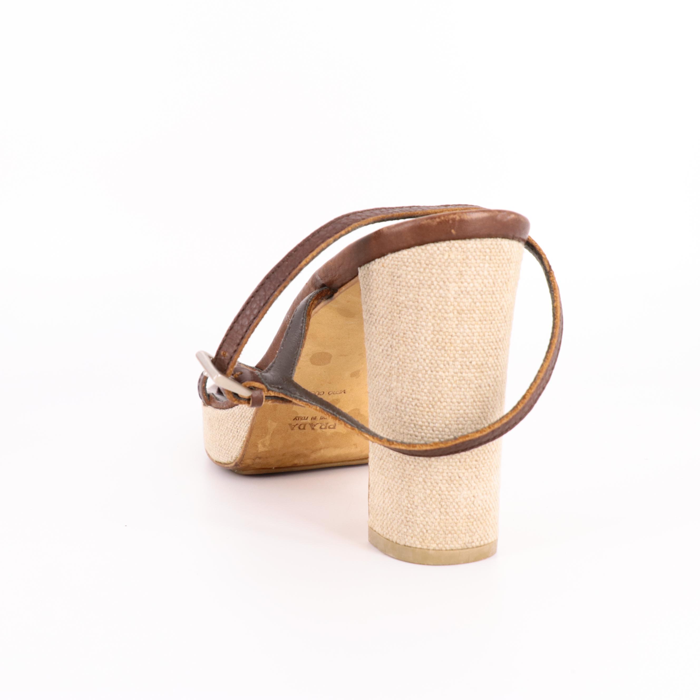 Prada Brown Leather Floral Embellished Platform Block Heeled Sandals