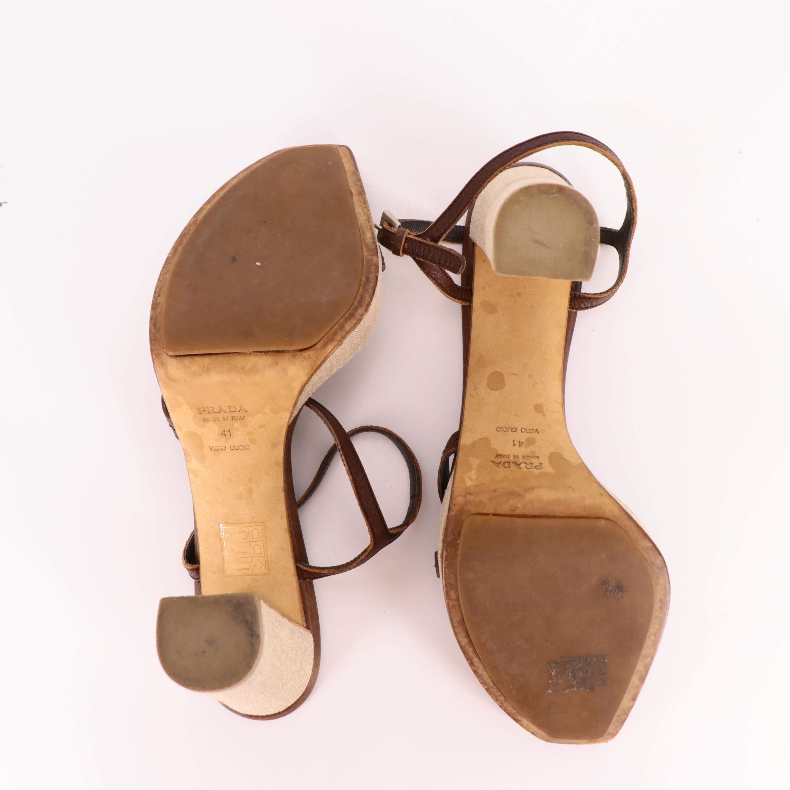 Prada Brown Leather Floral Embellished Platform Block Heeled Sandals