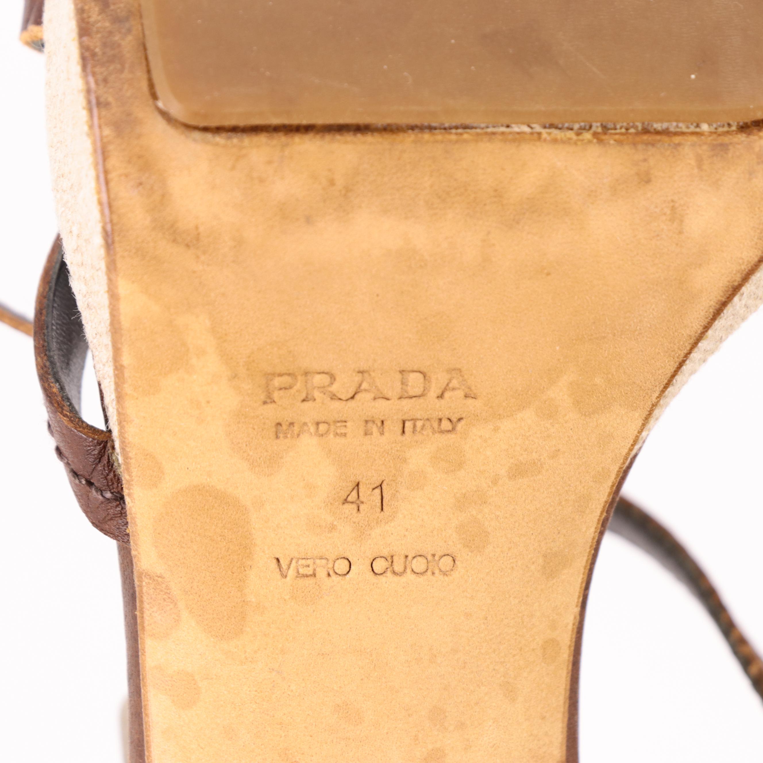 Prada Brown Leather Floral Embellished Platform Block Heeled Sandals