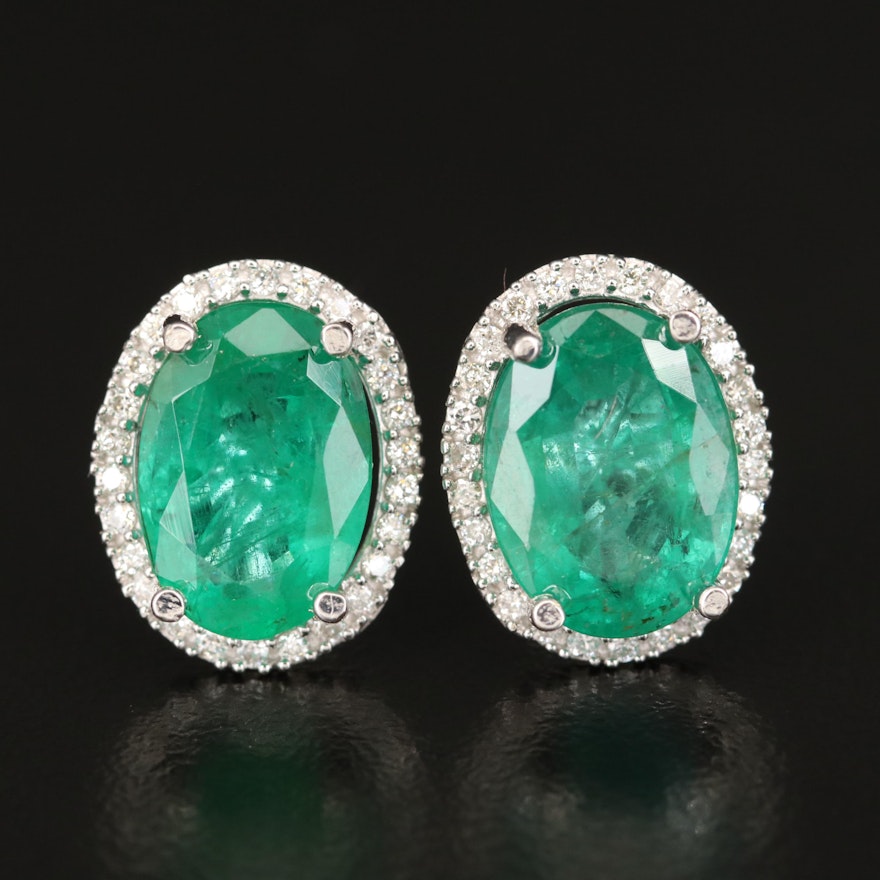 14K 6.02 CTW Emerald and Diamond Halo Earrings