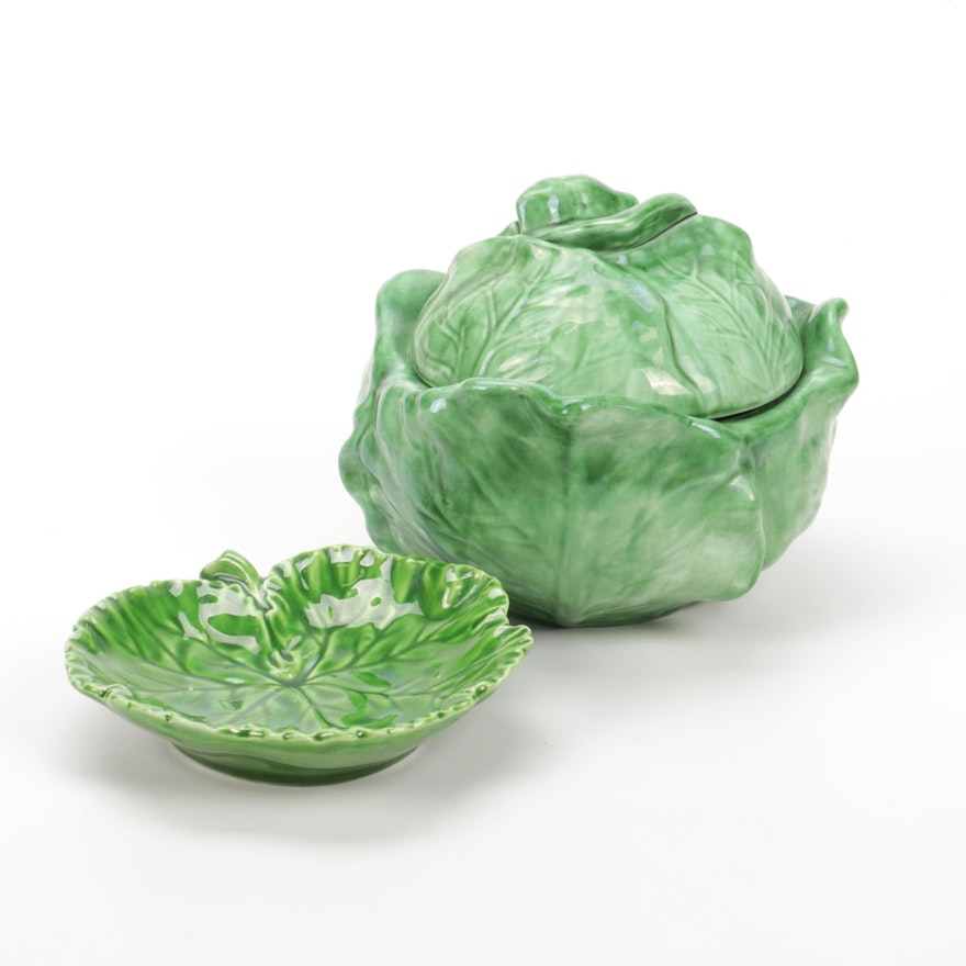 Holland Mold Ceramic Lettuce Covered Dish and Italian Ceramic Lettuce Leaf Plate