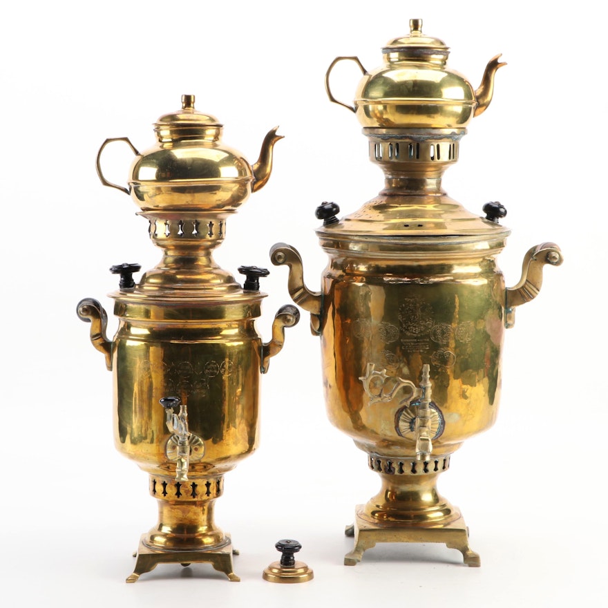 Russian Salisheva and Turkish Garanti Brass Samovars with Teapots