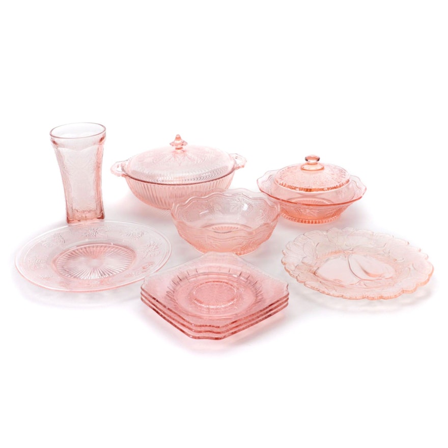 Pink Depression Glass Serveware and Table Accessories, Early to Mid 20th Century