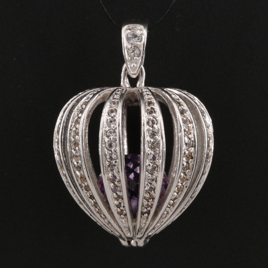 Sterling Silver White Topaz and Amethyst Openwork Pendant