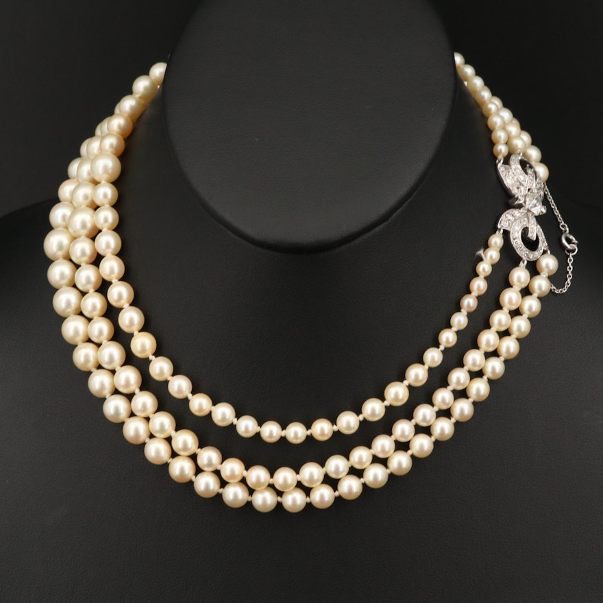 Vintage Platinum Graduated Pearl and 2.17 CTW Diamond Triple Strand Necklace