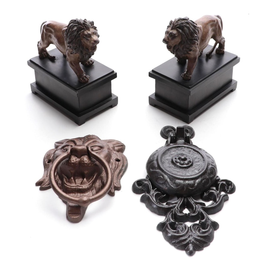 Standing Lion Composite Bookends with Cast Iron Door Knockers