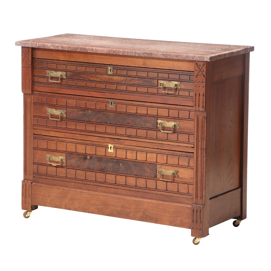 Victorian Walnut, Burl Walnut, and Rouge Marble Three-Drawer Chest