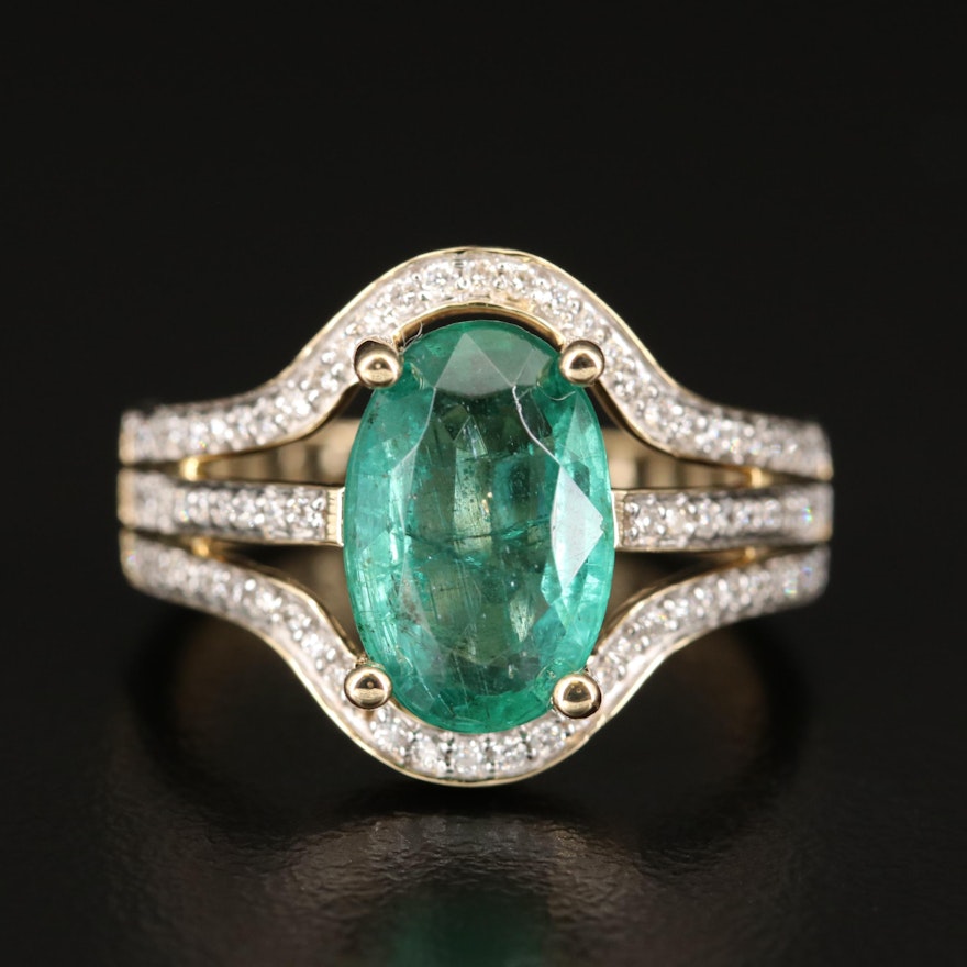 14K 2.90 CT Emerald and Diamond Open Shoulder Ring