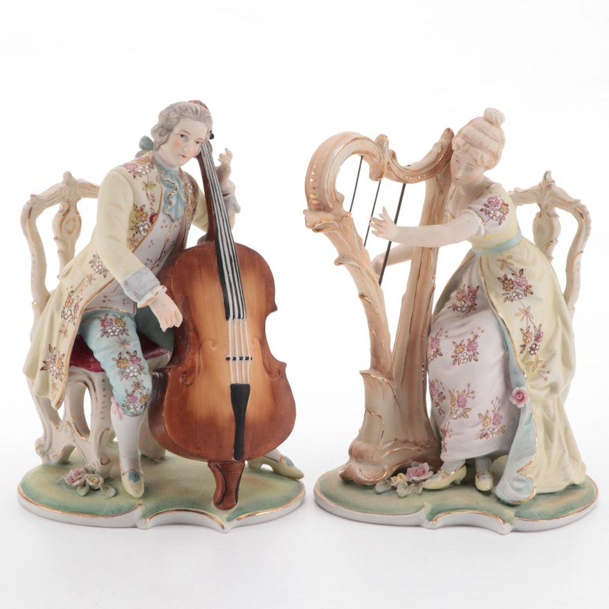 Rococo Style Ceramic Musicians Figurines, Mid to Late 20th Century