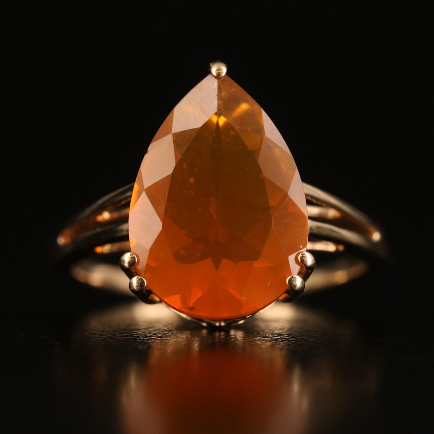 9K Pear Faceted Fire Opal Solitaire Ring