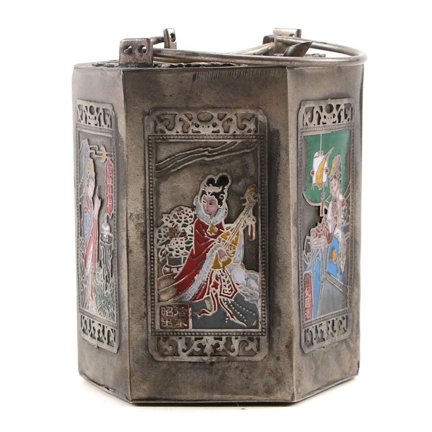 Chinese Pewter and Enamel Wine Warmer