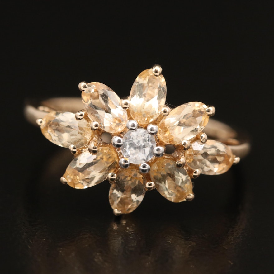 10K Citrine and Zircon Flower Ring