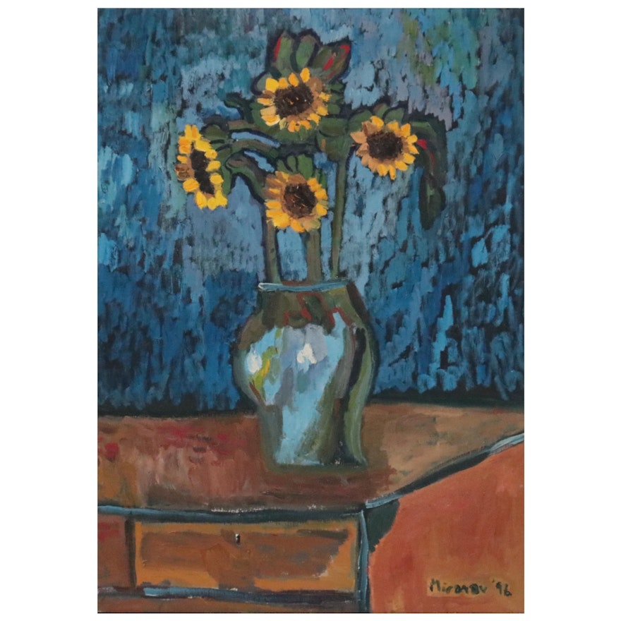 Jerald Mironov Still Life Oil Painting of Sunflowers, 1996