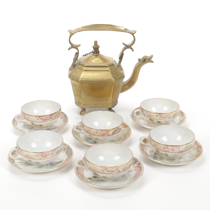 Chinese Brass Teapot with Japanese Porcelain Tea Cups and Saucers