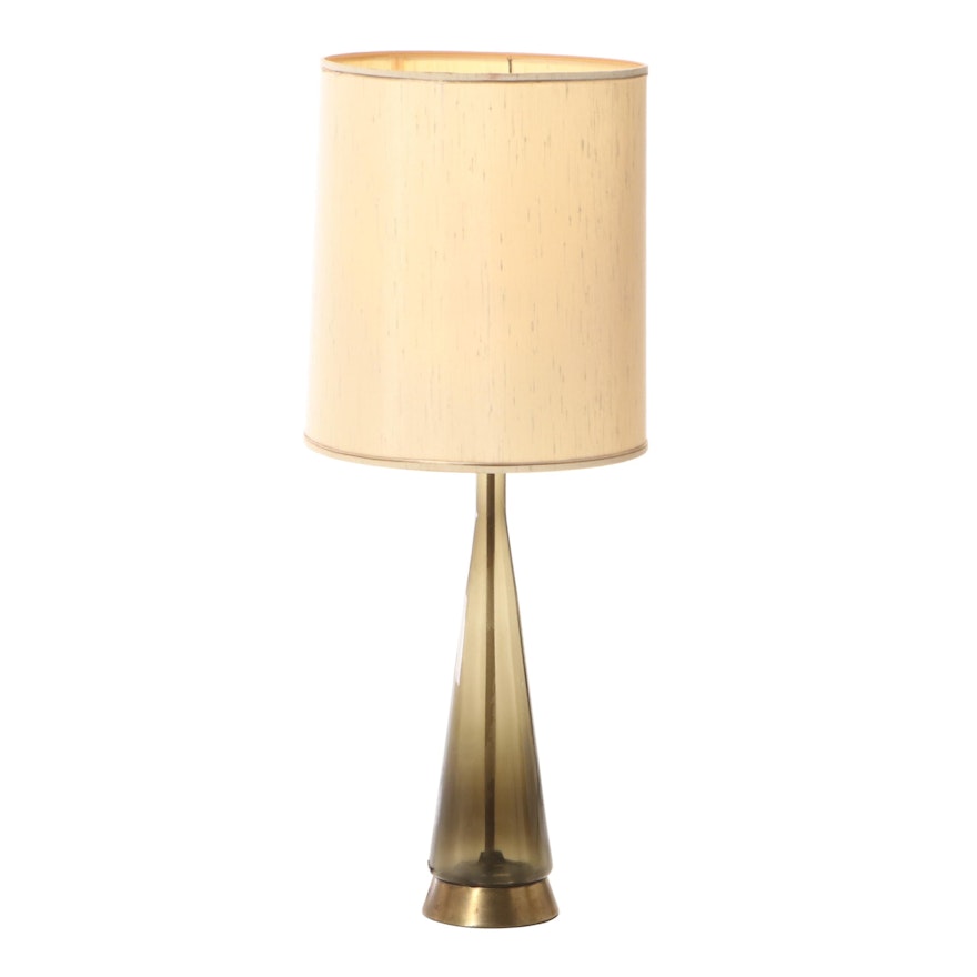 Mid Century Modern Smoke Glass and Brass Table Lamp with Drum Shade