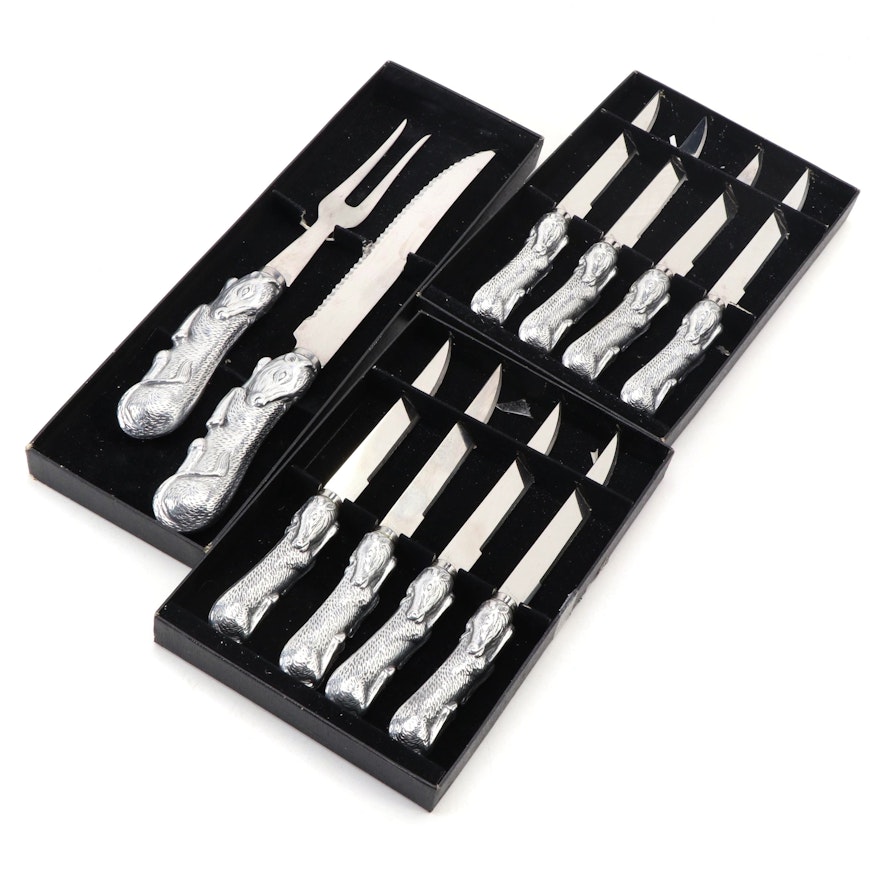 Arthur Court Aluminum Cow Form Steak Knives and Carving Set