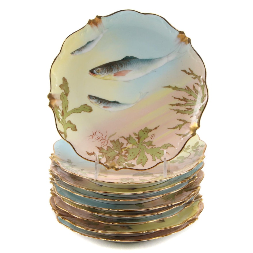 Elite Works Limoges Fish Motif Porcelain Plates, Early 20th Century