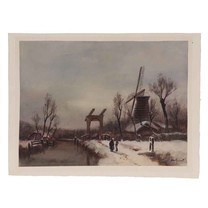 M. de Groot Watercolor Painting of Winter Genre Scene, Early 20th Century