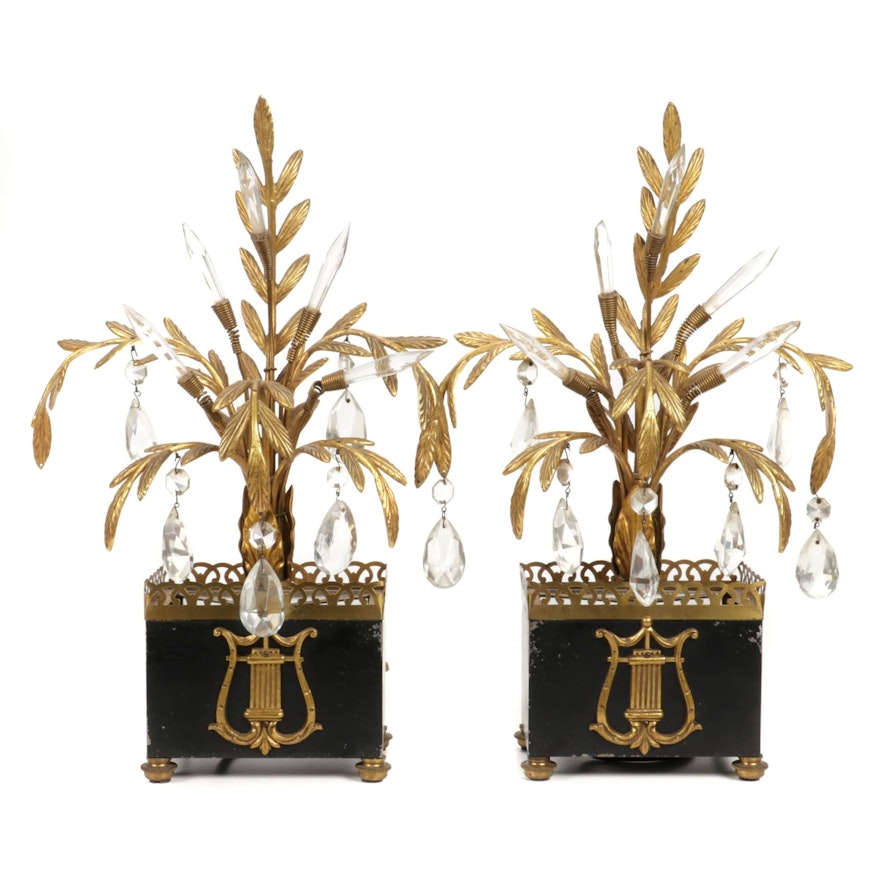 Brass Cast Palm Table Lamps with Illuminated Glass Accents