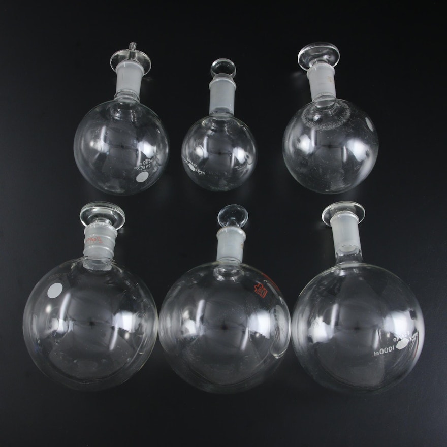 Kontes, Kimax, and Other Glass Boiling Flasks, Mid-20th Century