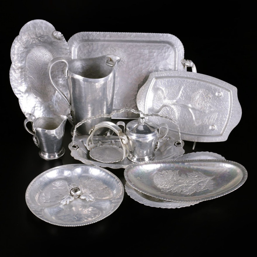 Hand Wrought Aluminum Trays and Other Tableware, Mid to Late 20th Century