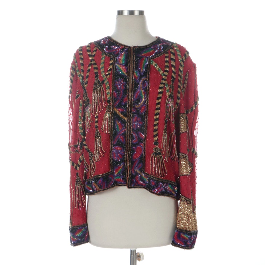 Niteline by Della Roufogali Embellished Silk Tassel Motif Evening Jacket