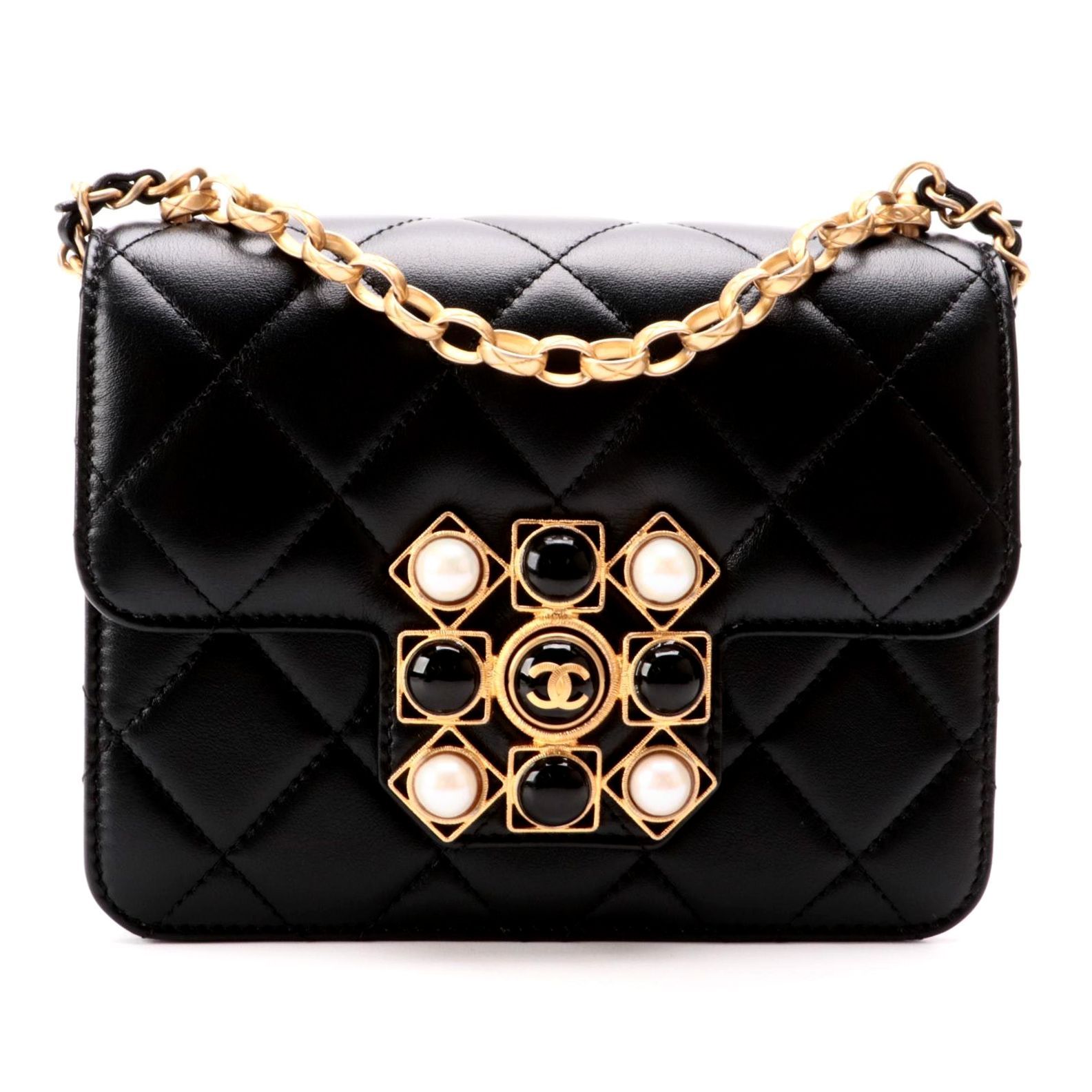 Chanel Onyx Pearl Mini Flap Bag in Black Quilted Calfskin Leather