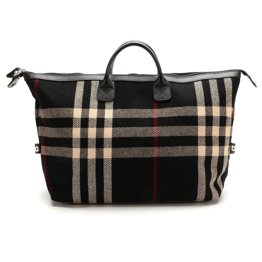 Burberry Black Check Wool and Leather Weekender Tote