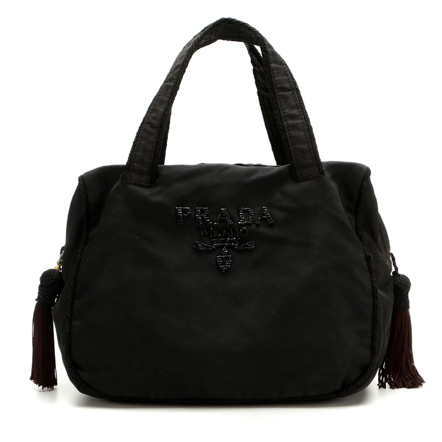 Prada Beaded Tassel Top Handle Bag in Black Tessuto Nylon