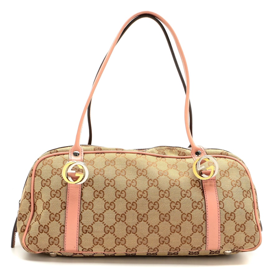 Gucci Twins Boston Bag in GG Canvas and Blush Pink Leather Trim