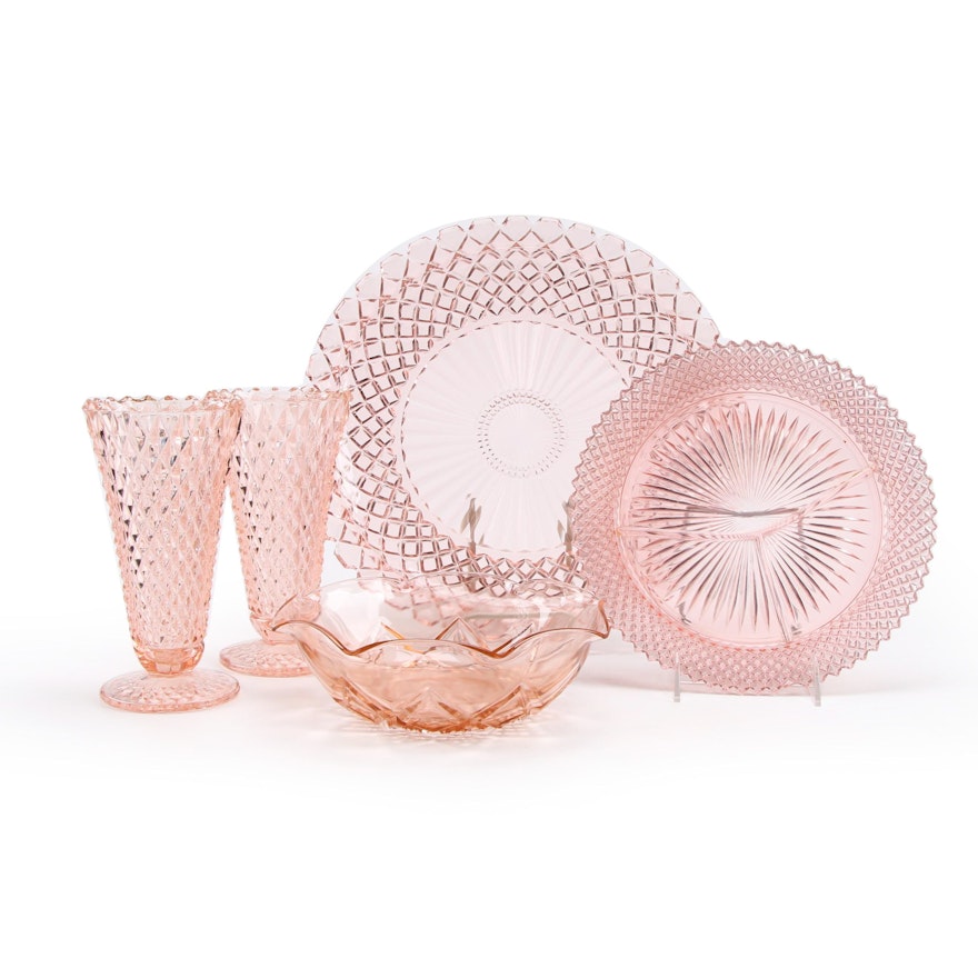 Imperial "Diamond Quilted" Vases with Other Pink Depression Glass Dinnerware