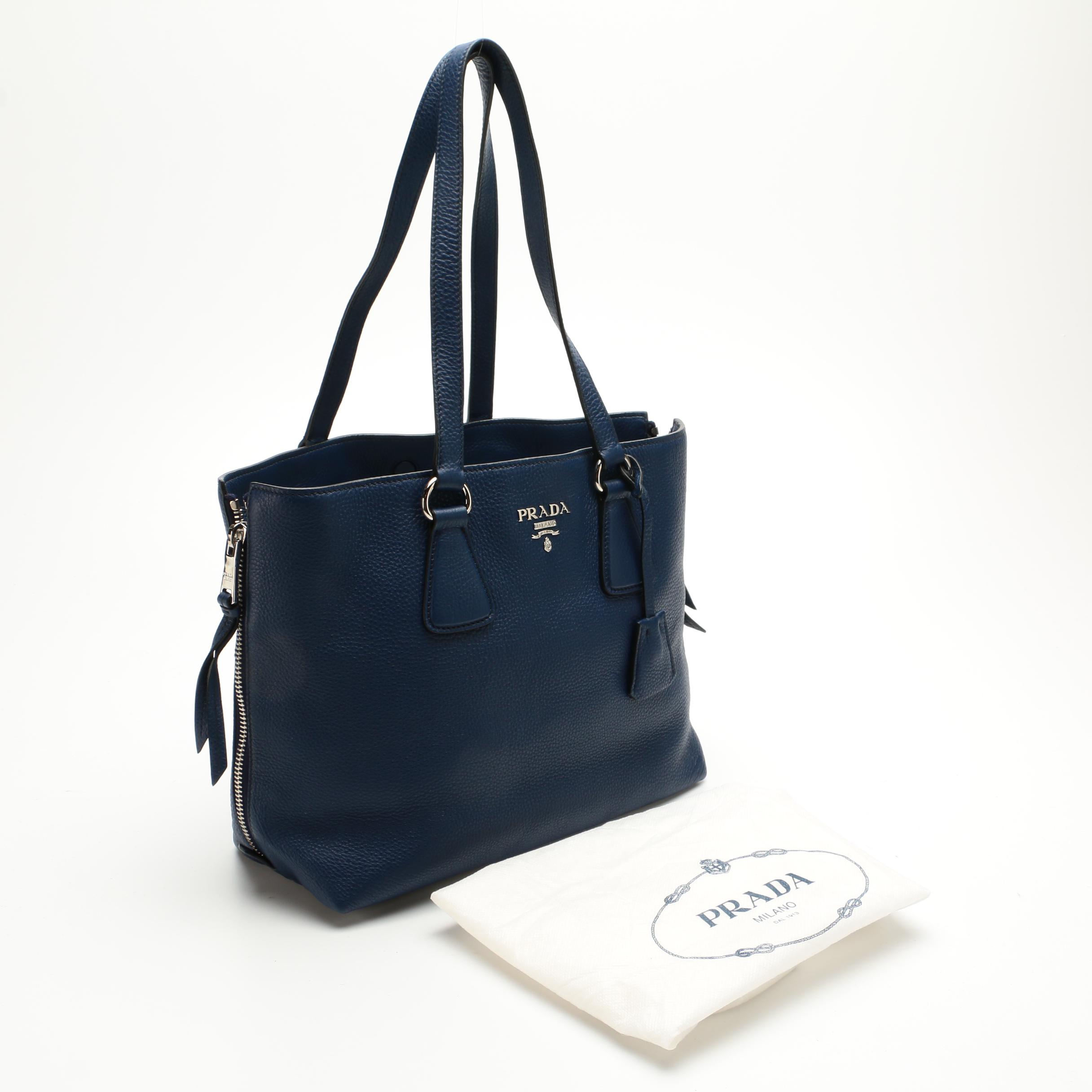 Prada Vitello Daino Leather Side Zip Tote in Indigo
