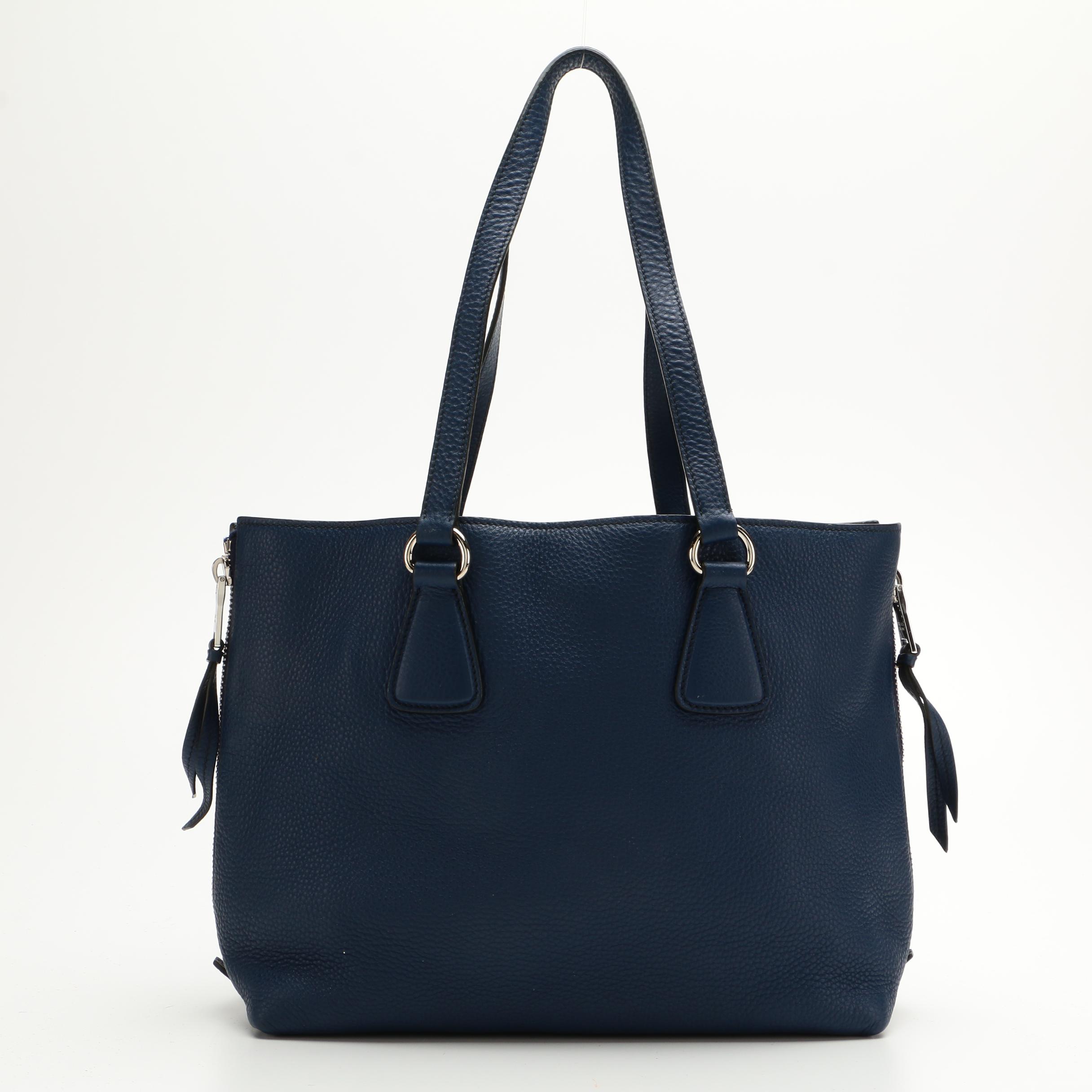 Prada Vitello Daino Leather Side Zip Tote in Indigo